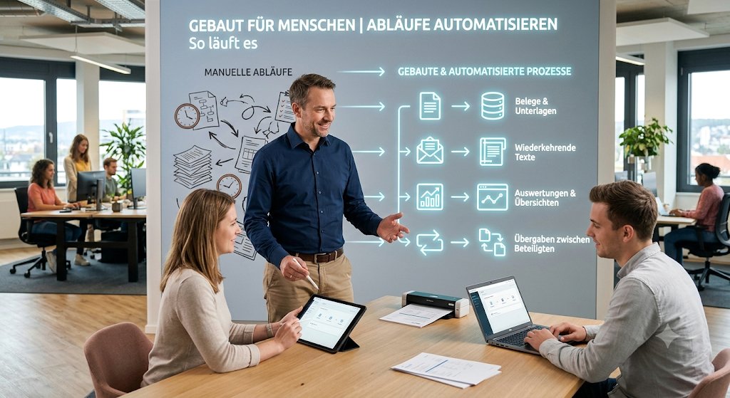 Skizze an der Wand: aus manuellen Abläufen werden gebaute Prozesse — Belege und Unterlagen, wiederkehrende Texte, Auswertungen und Übersichten, Übergaben zwischen Beteiligten