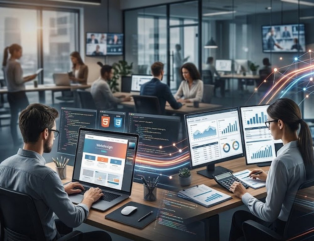 Arbeitsplatz mit Code, Auswertungen und einem Website-Entwurf auf dem Bildschirm